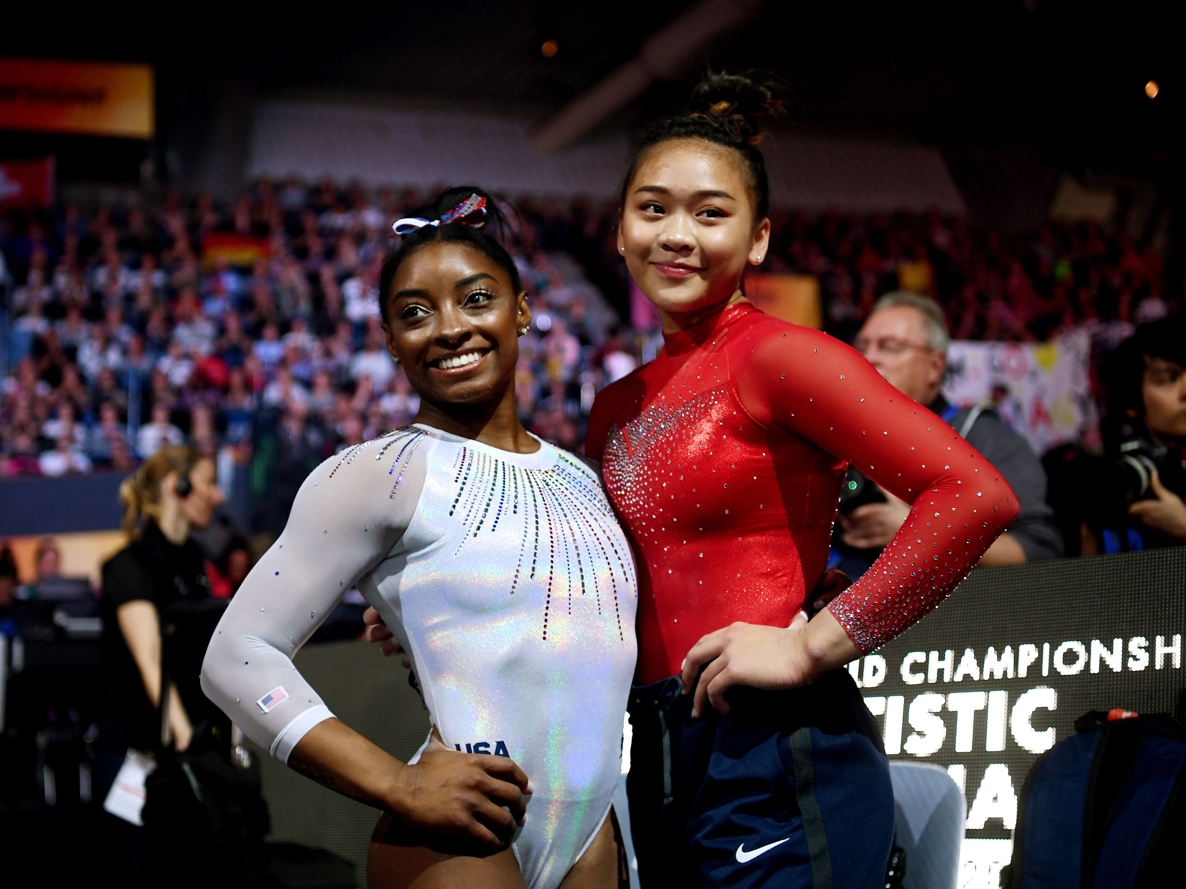 Simone Biles and Sunisa Lee at the 2020 Tokyo Olympics (via getty images)
