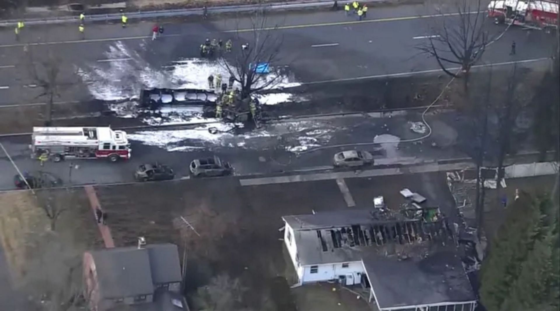 The fire from a tanker truck crash in Frederick County, Maryland, was contained by emergency crews (Image credits - WJLA via Associated Press)