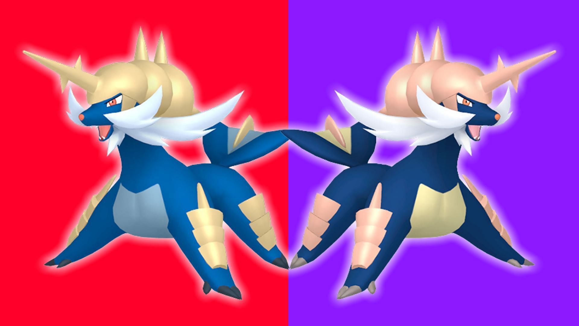 A normal and Shiny Samurott next to each other