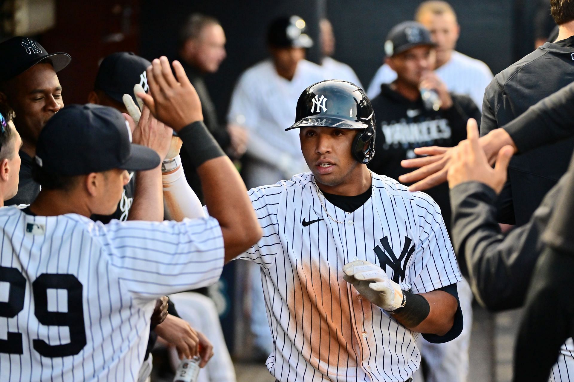 My ball! Yankees' Harrison Bader and Isaiah Kiner-Falefa smash