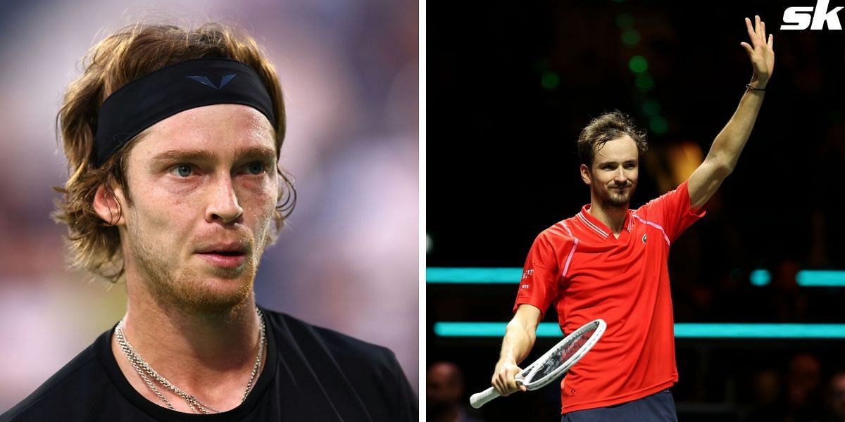 DUBAI, UAE, 4th March 2023. 2022 champion Andrey Rublev in action during  the men's singles final of the Dubai Duty Free Tennis Open Championships.  3rd seed Daniil Medvedev defeated Rublev 6-2, 6-2