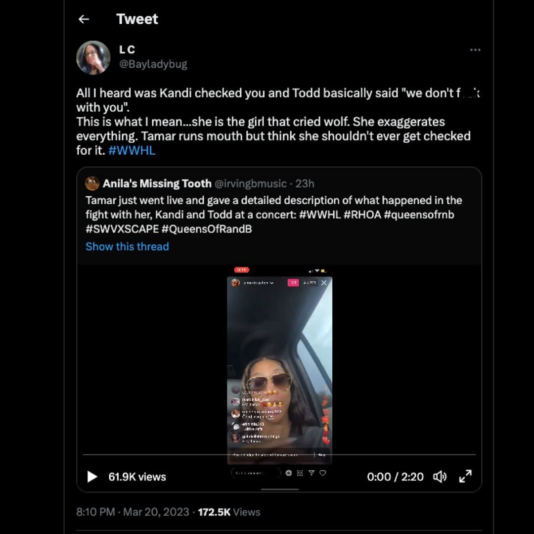 Social media users called out Tamar Braxton for her IG live (Image via Twitter/@Bayladybug)