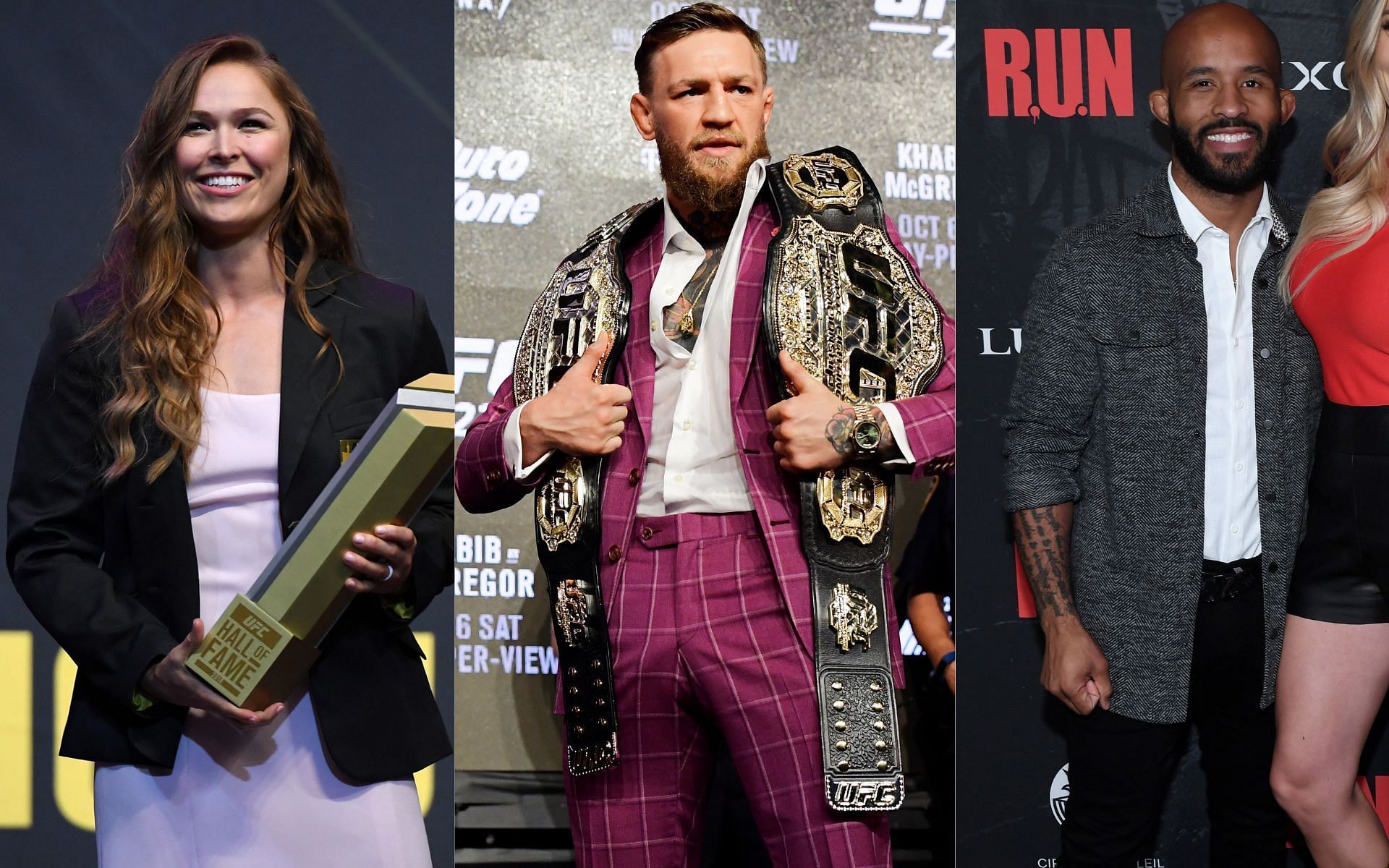 Ronda Rousey (left), Conor McGregor (center), and Demetrious Johnson (right) (Image credits Getty Images)