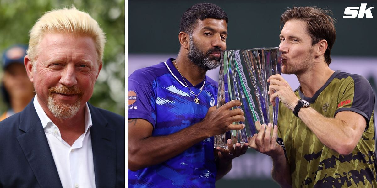 Boris Becker congratulates Rohan Bopanna and Matthew Ebden