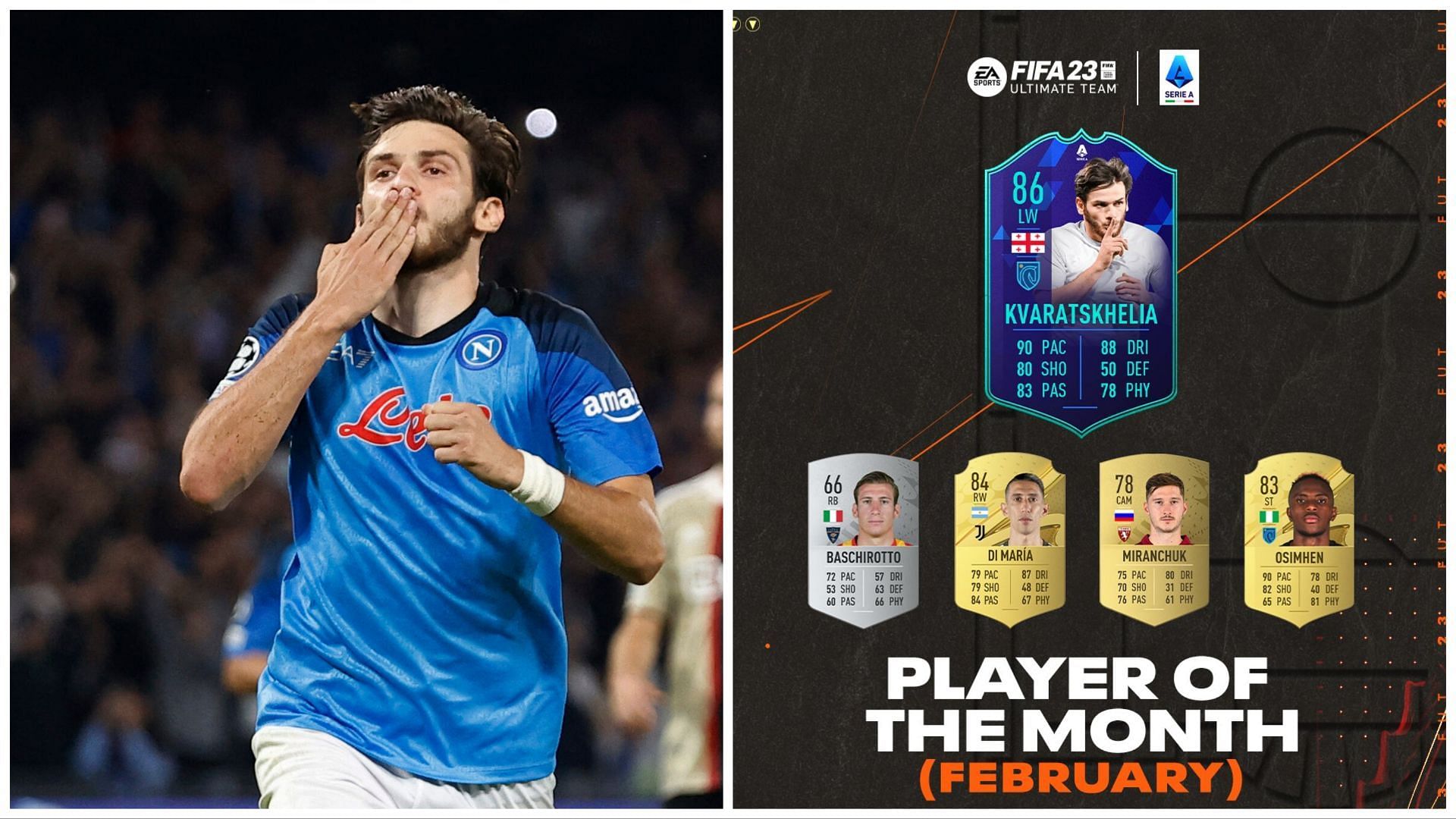 POTM Kvaratskhelia is now available in FIFA 23 (Images via Getty and EA Sports)