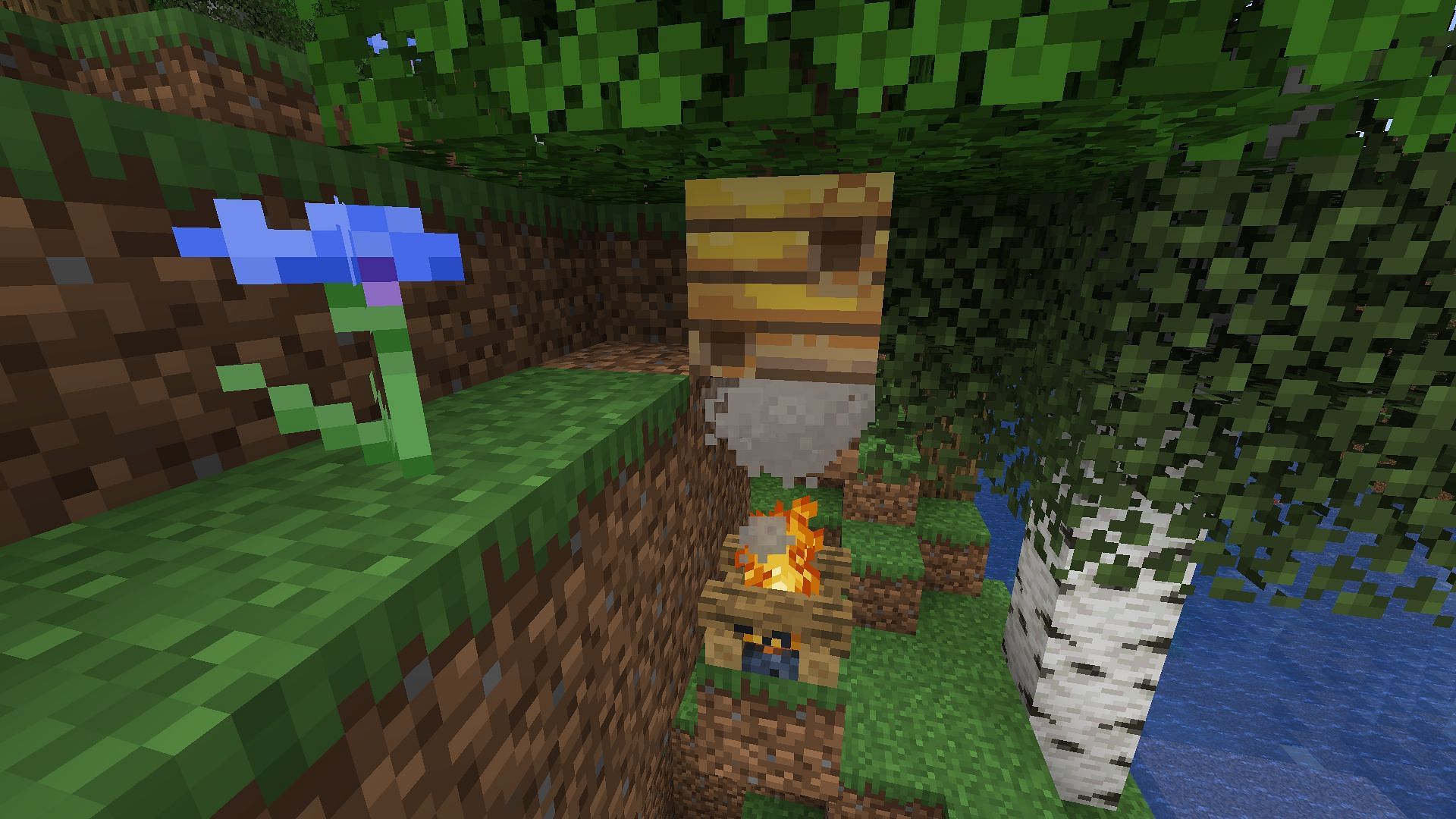 Place campfire underneath bee nest before extracting honey or honeycomb in Minecraft (Image via Mojang)