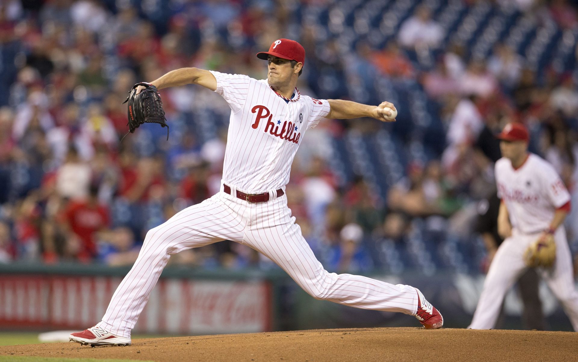 Pitcher Cole Hamels throws a pitch against the Miami Marlins on September 12, 2014 at Citizens Bank Park