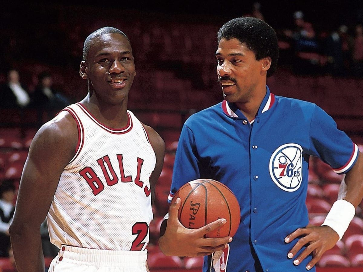 CLEVELAND, OHIO – FEBRUARY 20: Michael Jordan, Julius Erving, Bob