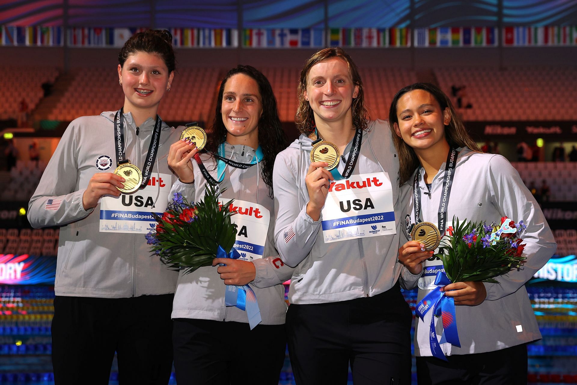 Claire Weinstein, Leah Smith, Katie Ledecky, and Bella Sims of Team United States pose with their medals during the medal ceremony for the Women&#039;s 4x200m Freestyle Final on day five of the Budapest 2022 FINA World Championships