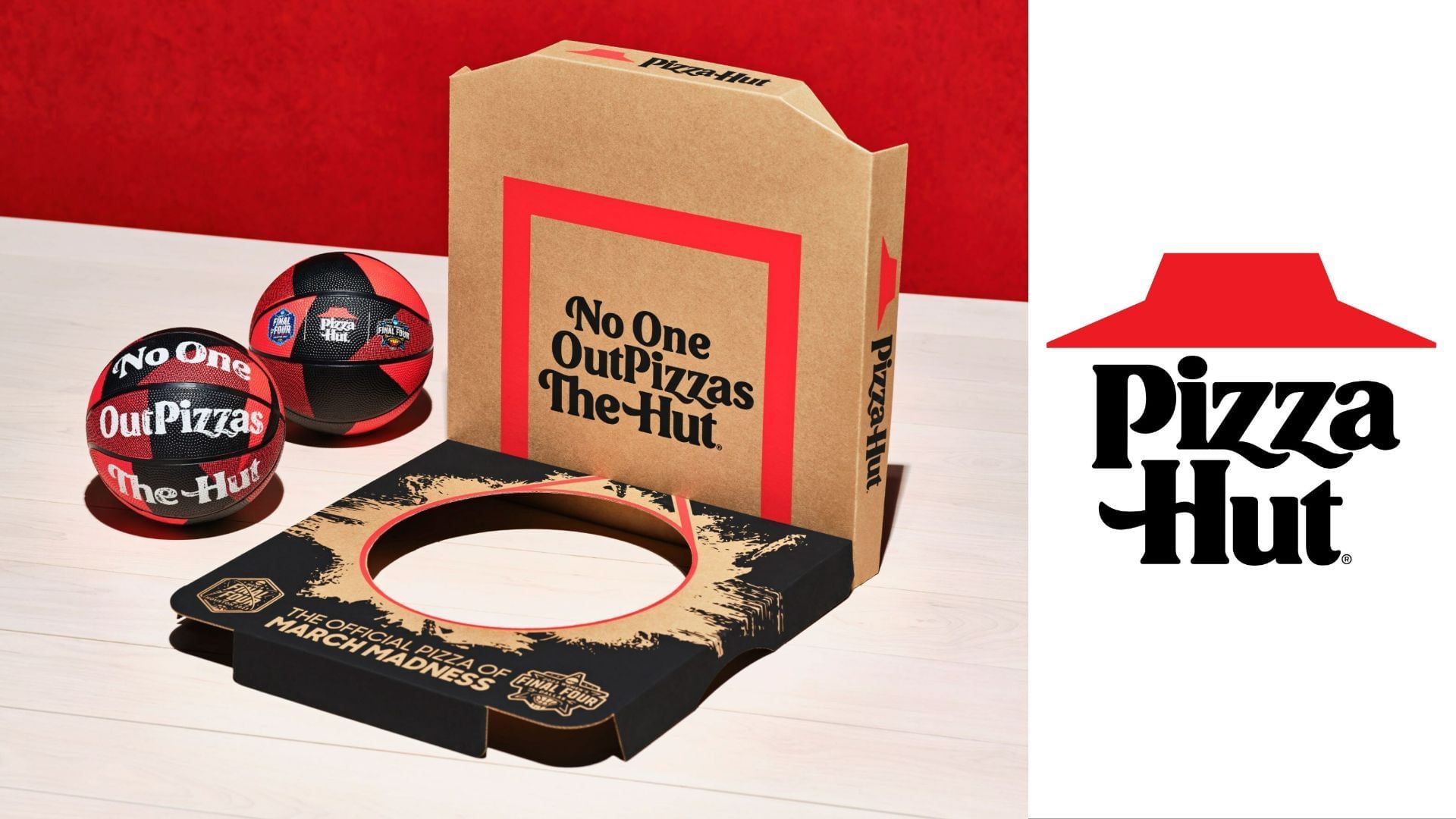 the Match Madness Mini Basketballs and the March Madness&reg; Big New Yorker pizza boxes go together to make the March Madness&reg; fun pair (Image via Pizza Hut)