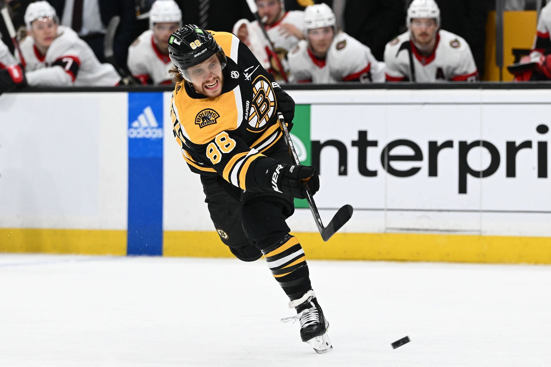 David Pastrnak in action against the Ottawa Senators  (Photo by Brian Fluharty/Getty Images)