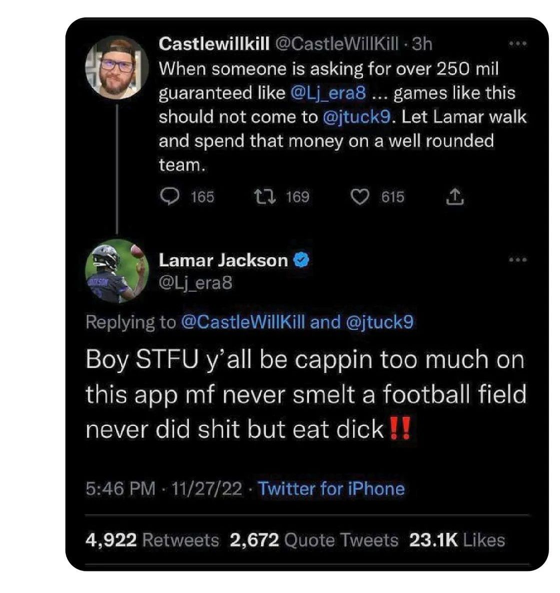Lamar Jackson getting into a Twitter beef with a fan. Photo via www.outsports.com