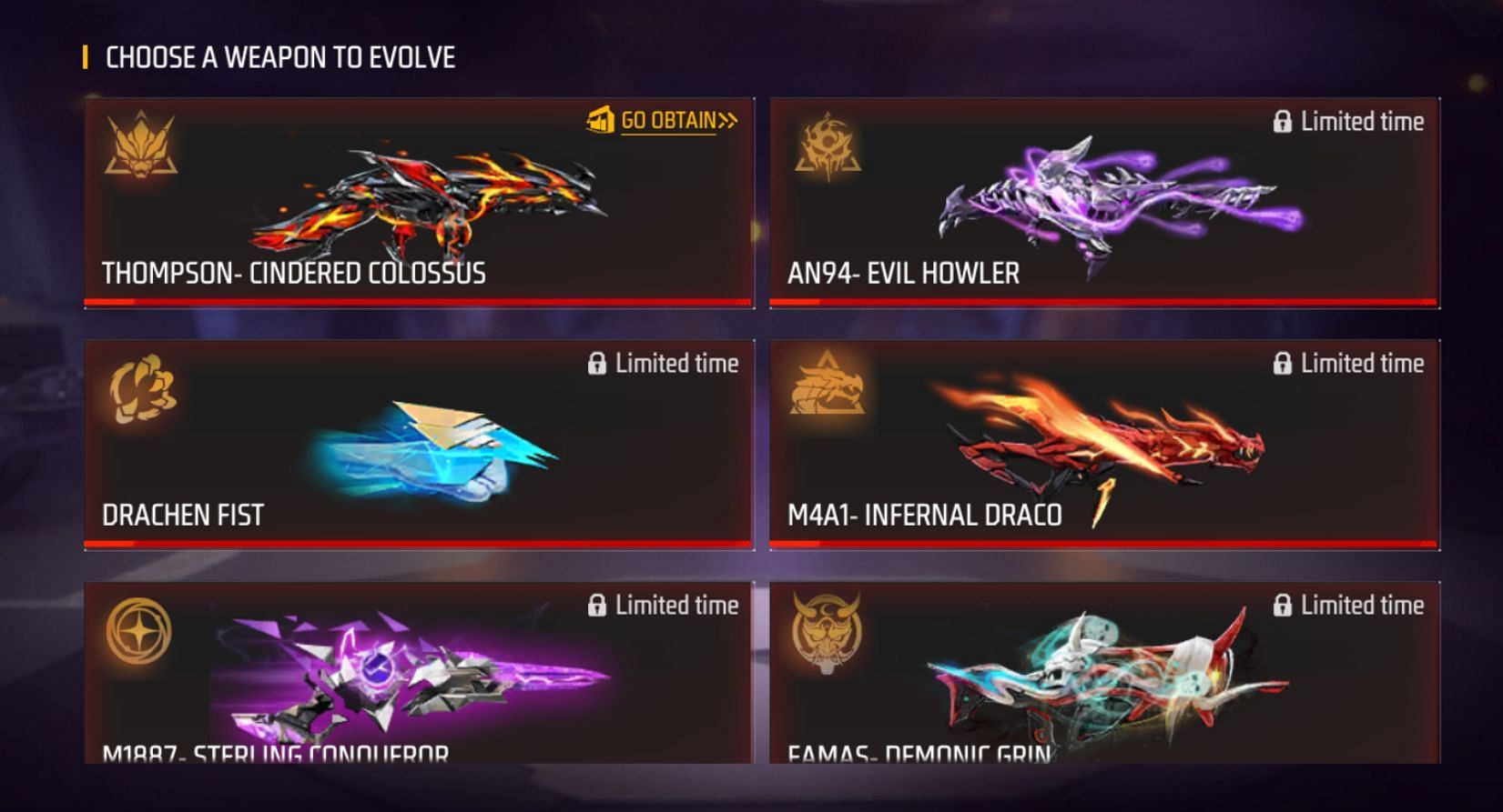 All Evo guns released in Free Fire/FF MAX so far (Image via Garena)