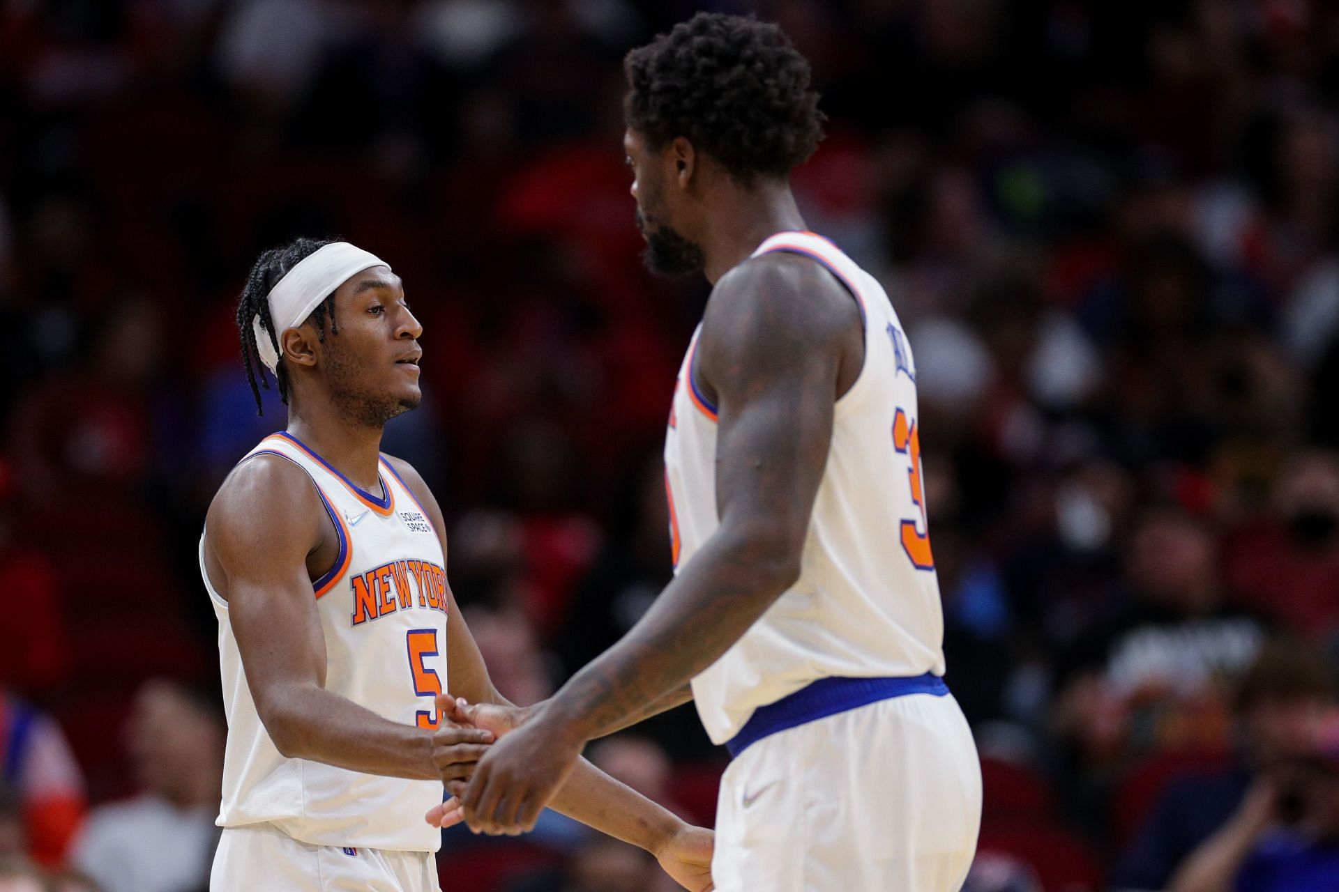 Julius Randle (right) of the New York Knicks with teammate Immanuel Quickley