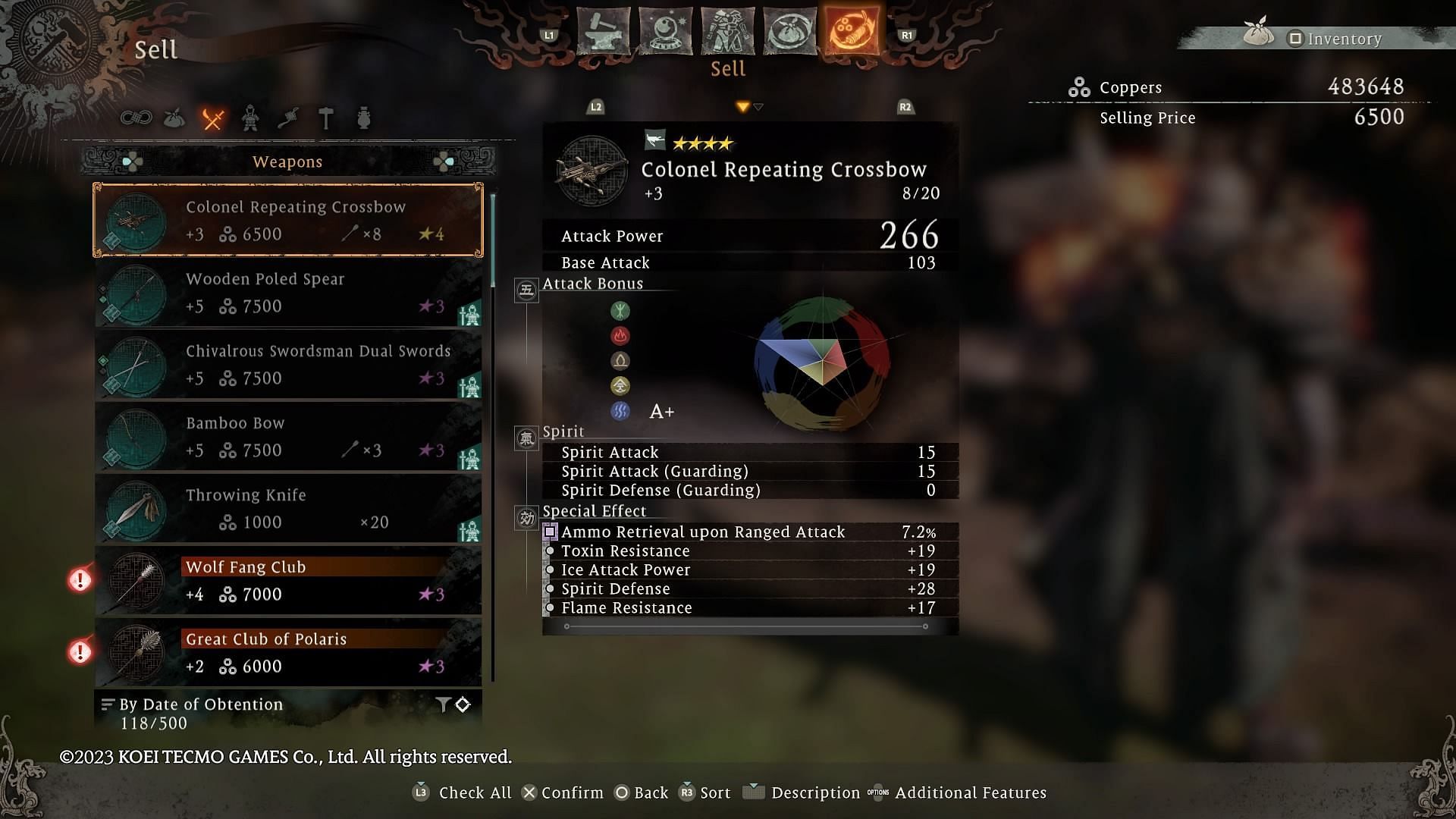 You can sell unnecessary gear from your inventory to gain copper (Image via Koei Tecmo)