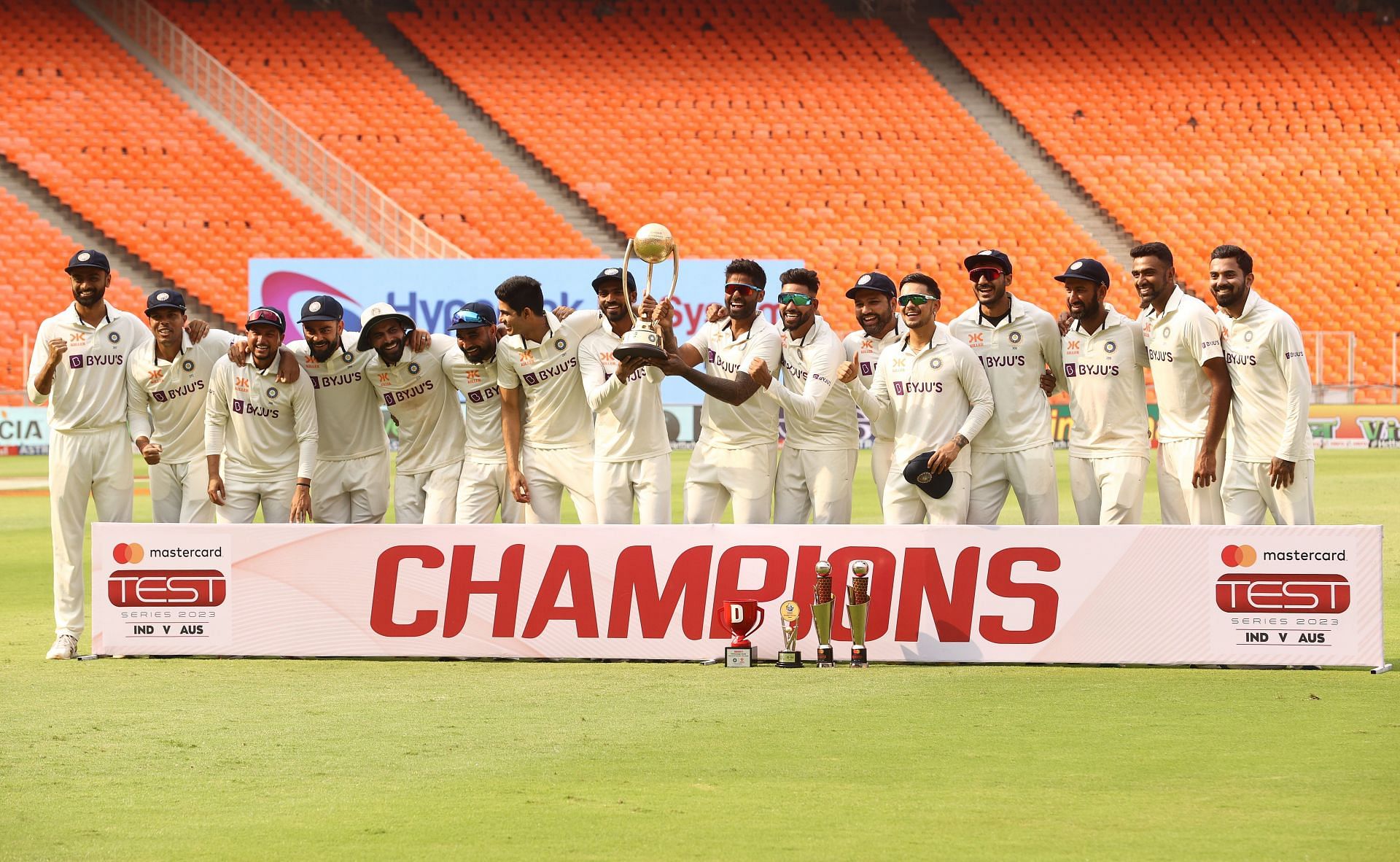 India celebrate after retaining the Border-Gavaskar Trophy. Pic: Getty Images