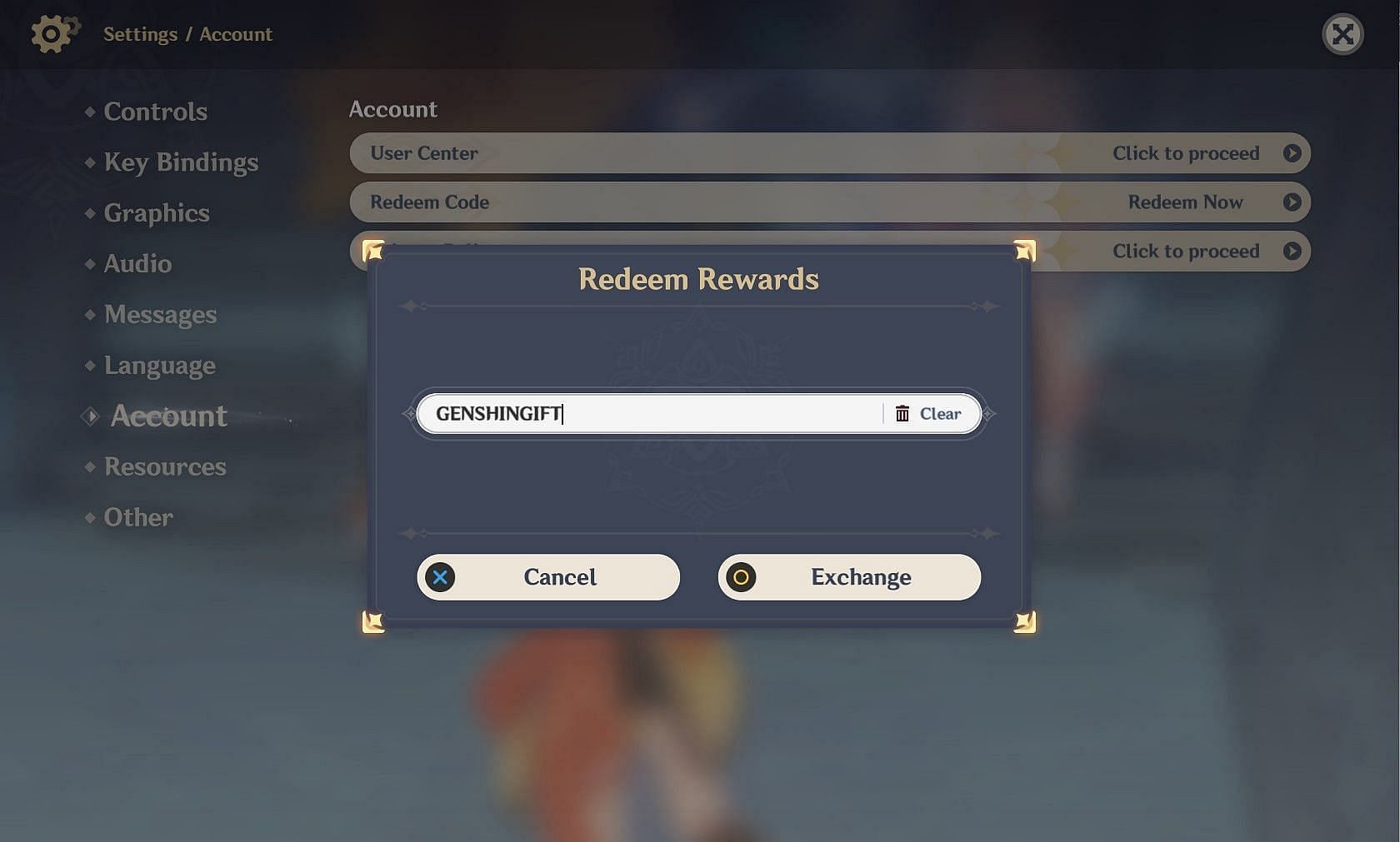 In-game &quot;Redeem&quot; Feature (Image via HoYoverse)