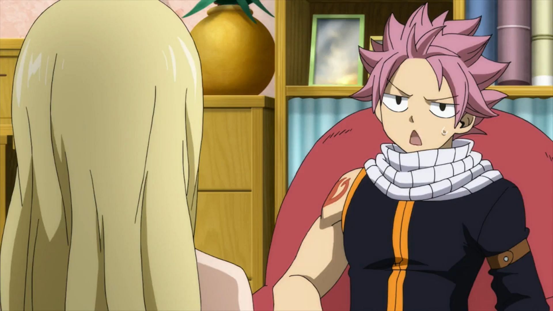 Natsu speaking to Lucy in the 2018 series (Image via A-1 Pictures, Bridge, CloverWorks)