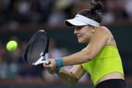 Andreescu strikes the ball at the BNP Paribas Open