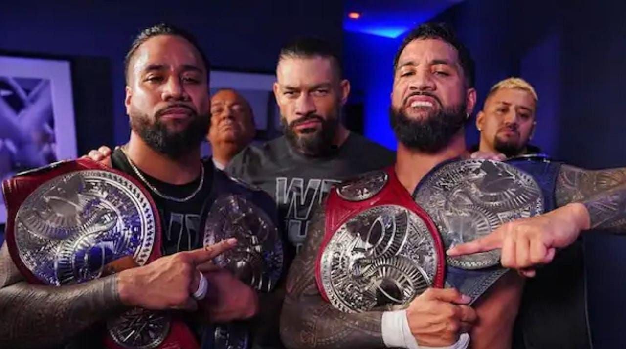 Roman Reigns, Jey Uso, Jimmy Uso, Solo Sikoa and Paul Heyman are members of Bloodline