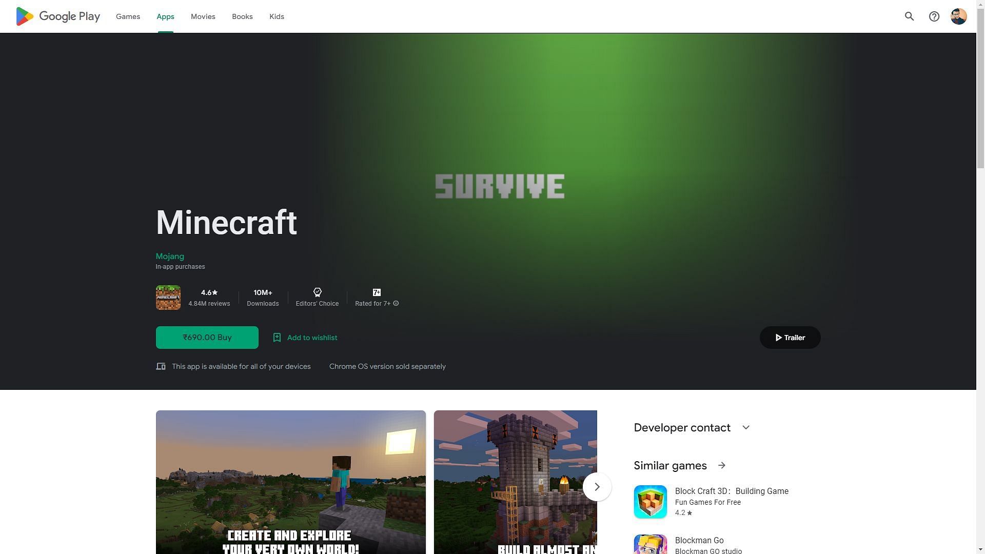 Minecraft Bedrock Edition&#039;s Google Play Store page (Image via Sportskeeda)