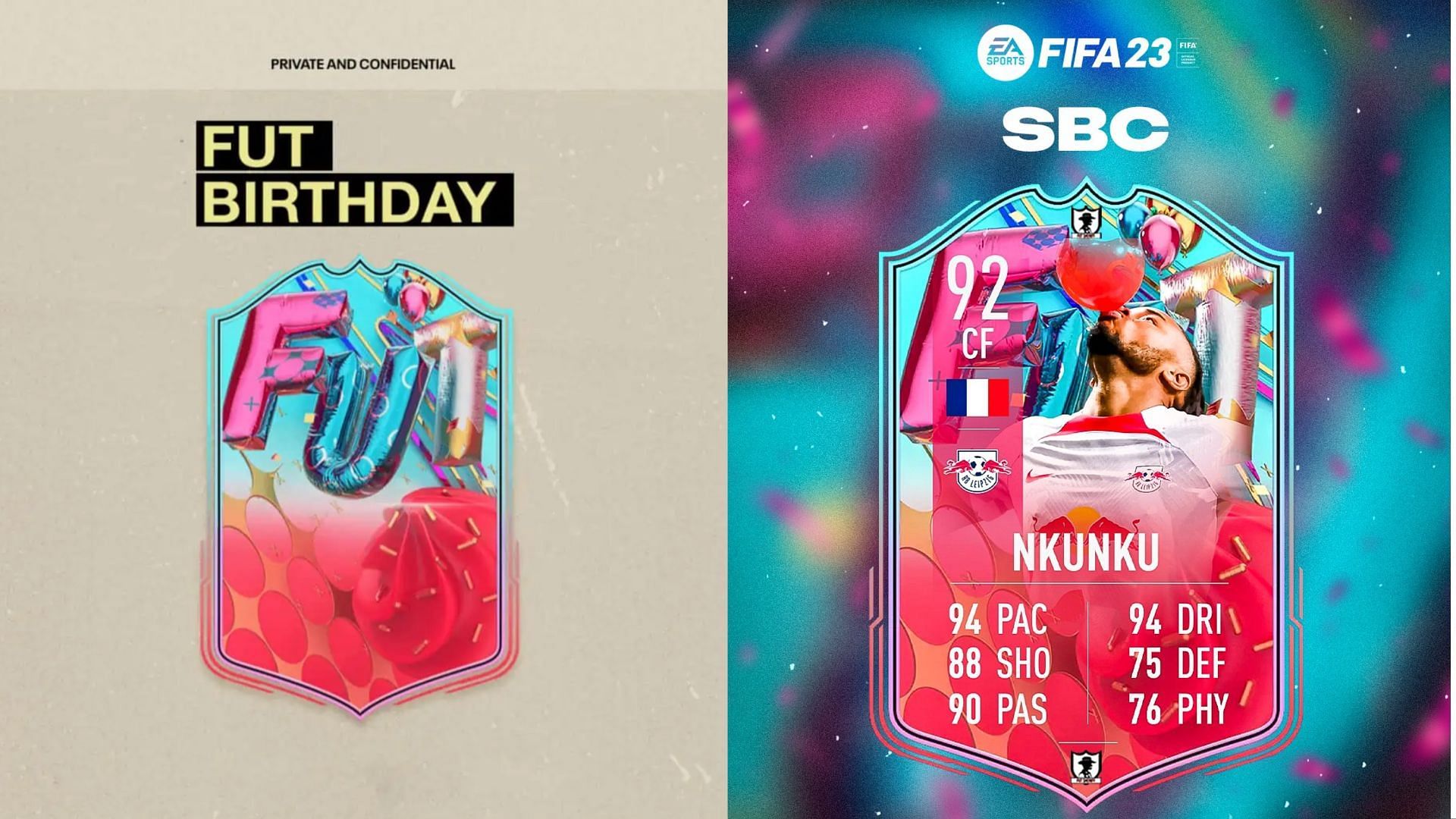 Christopher Nkunku could become one of the best cards on the FIFA 23 FUT Birthday promo (Images via EA Sports, Twitter/FUT Sheriff)