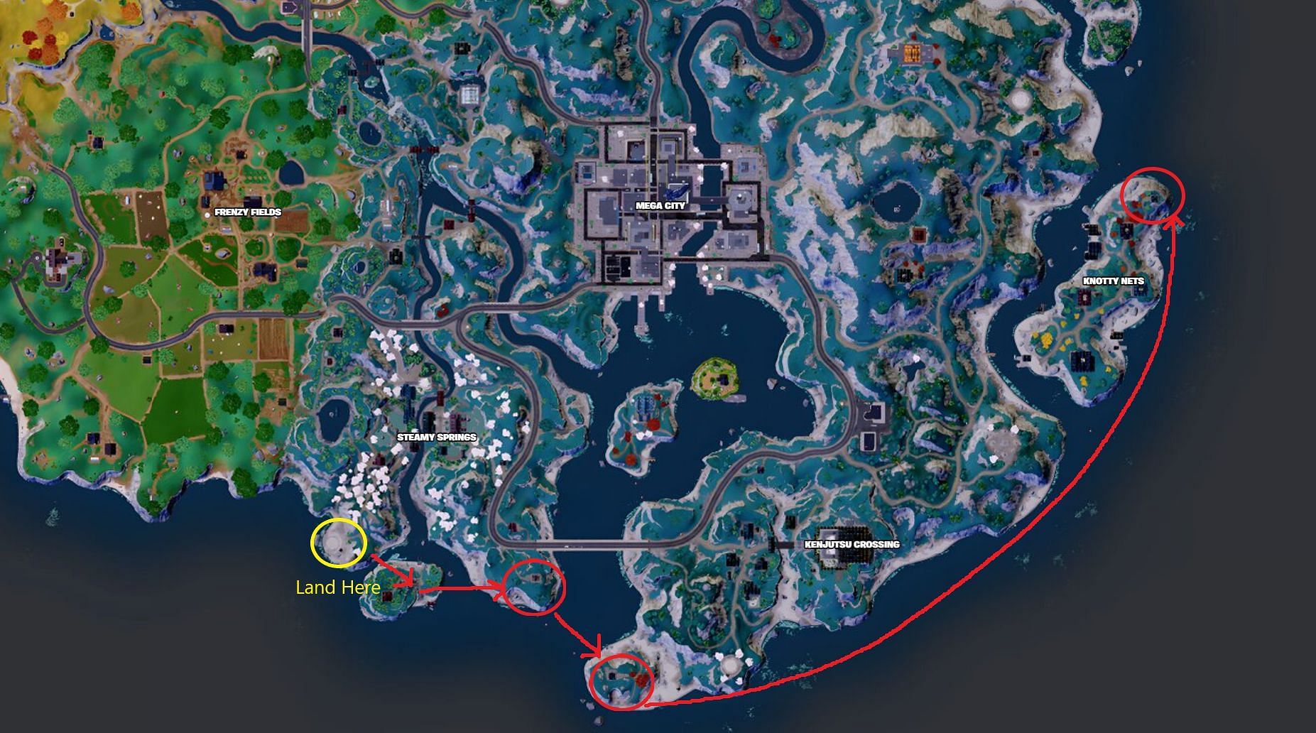 Here are all the three lighthouses marked on the map along with a route to get to them (Image via Fortnite.GG)