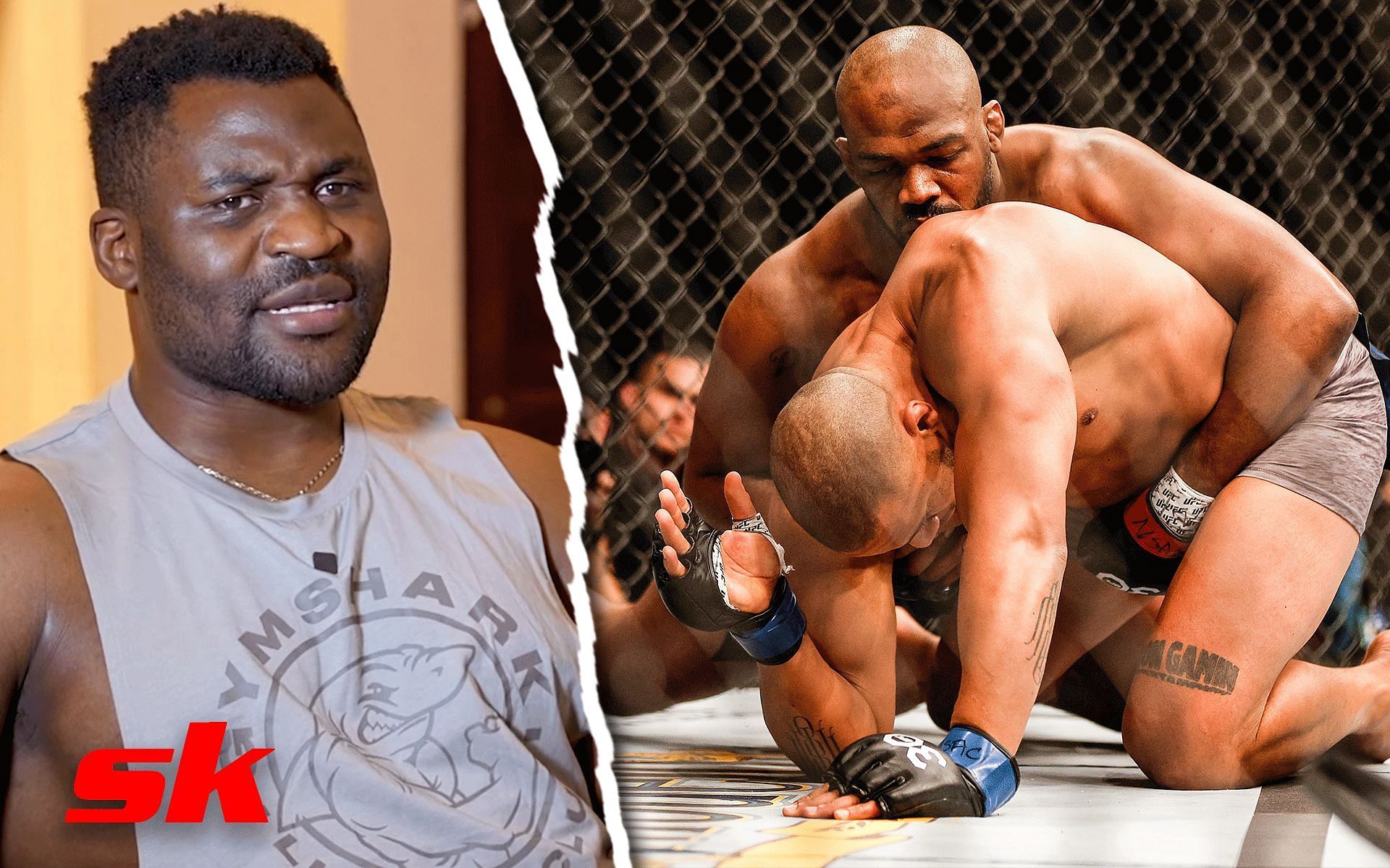 Francis Ngannou (Left), Jon Jones vs. Ciryl Gane (Right) [Image courtesy: @Francis Ngannou on YouTube, Getty]