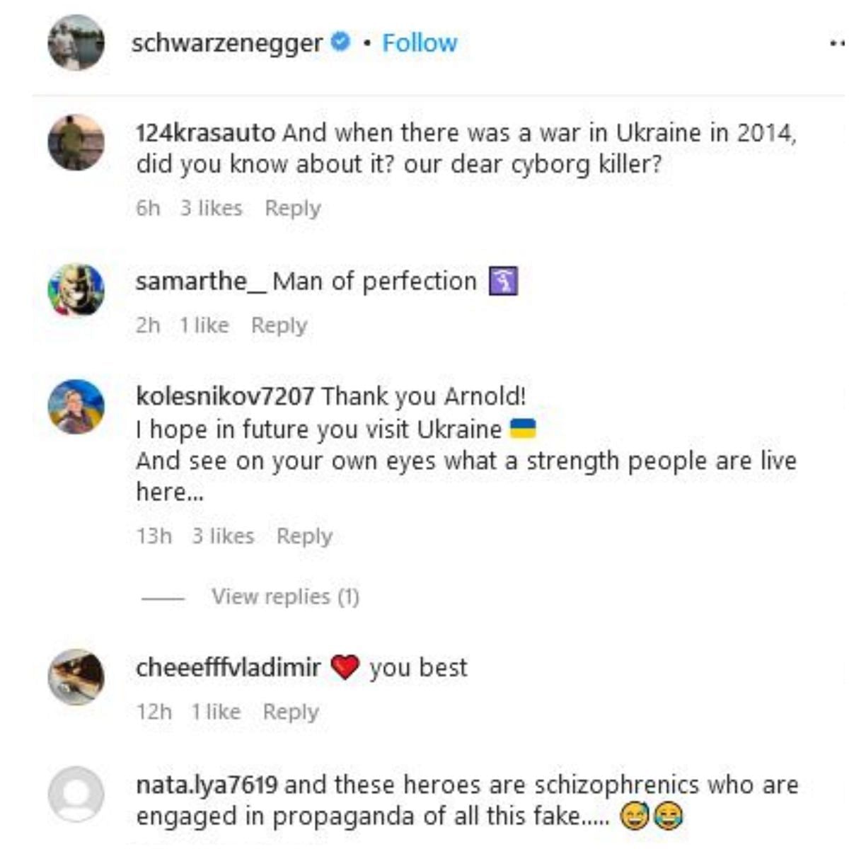 Screengrab of Arnold Schwarzenegger&#039;s Instagram comment section/@schwarzenegger