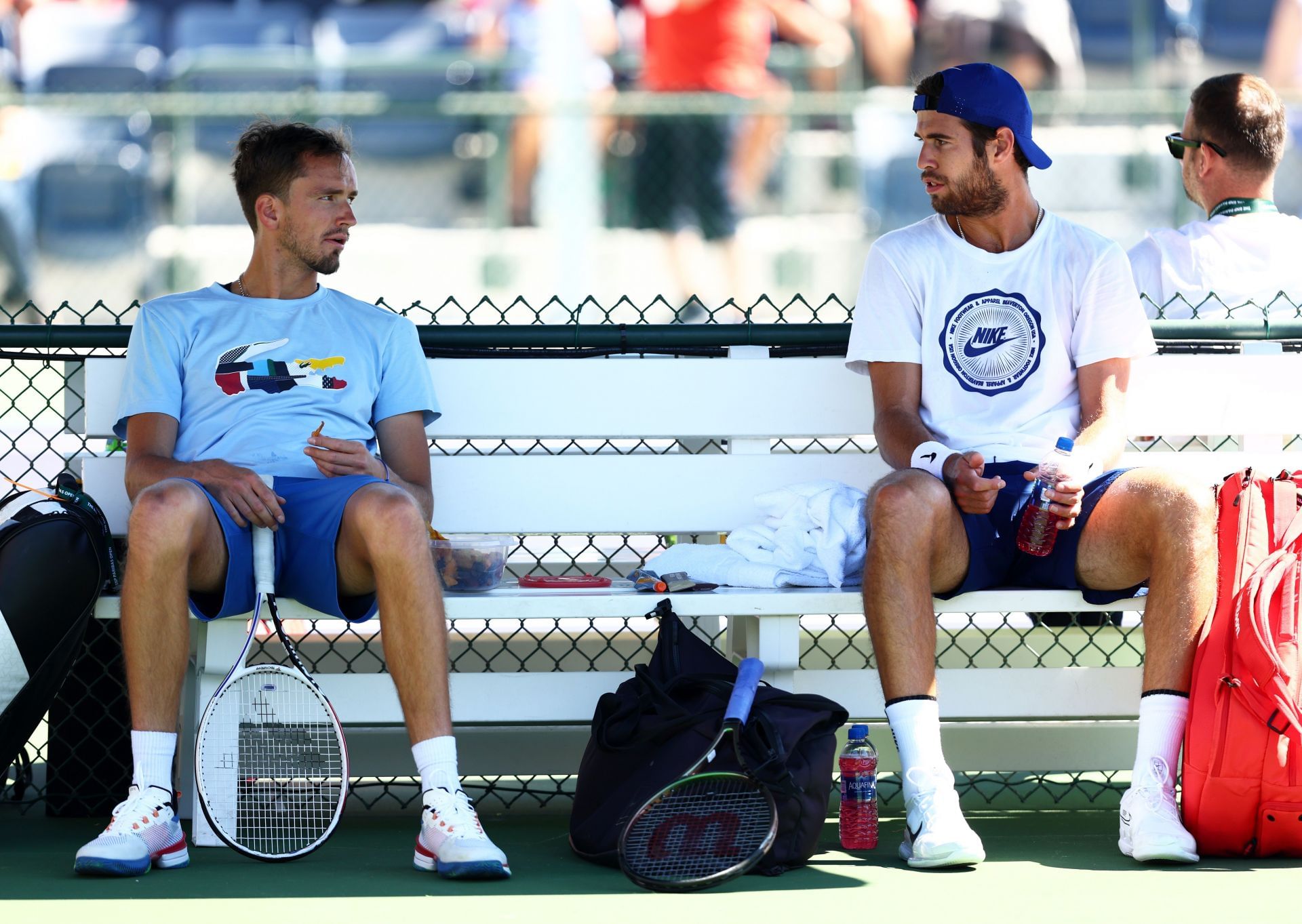 Daniil Medvedev and Karen Khachanov at Indian Wells 2022.