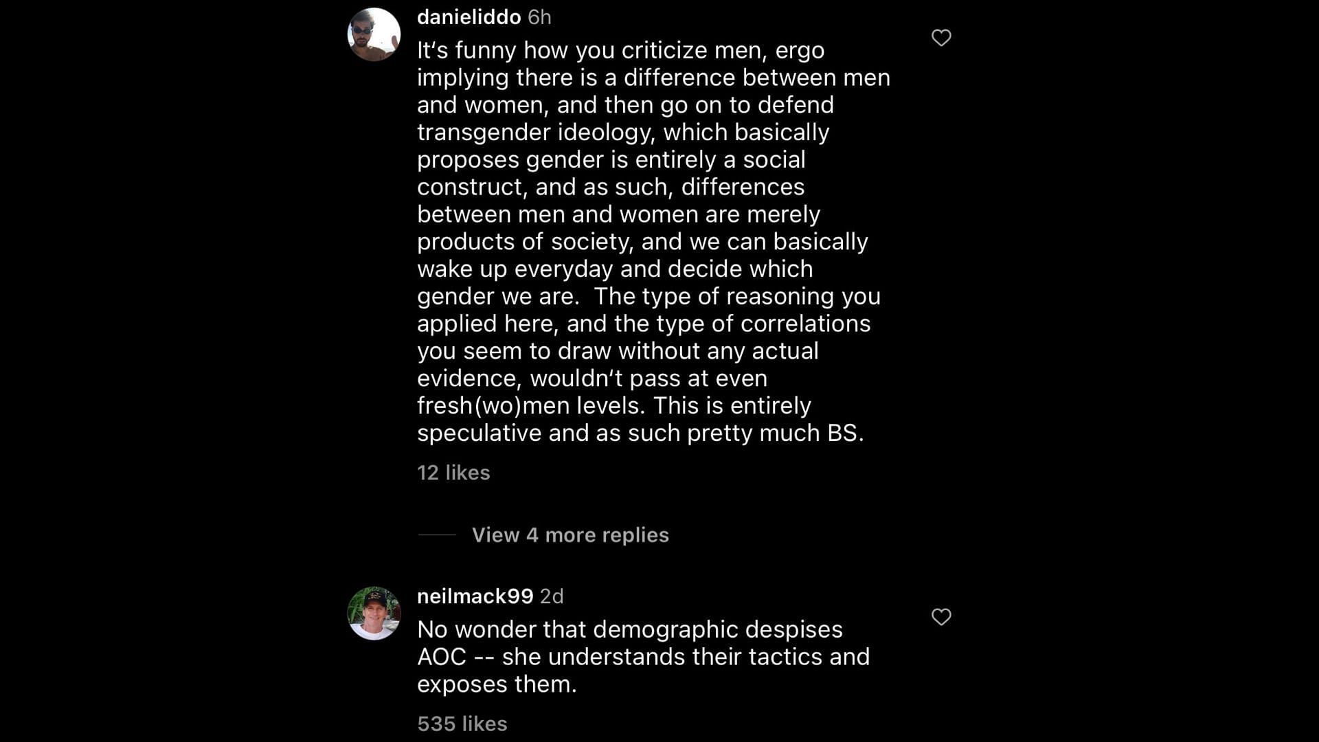 Screenshot of Instagram users remarking on Ocasio-Cortez&#039;s video criticizing cisgender males and straight men. (Image via Instagram)