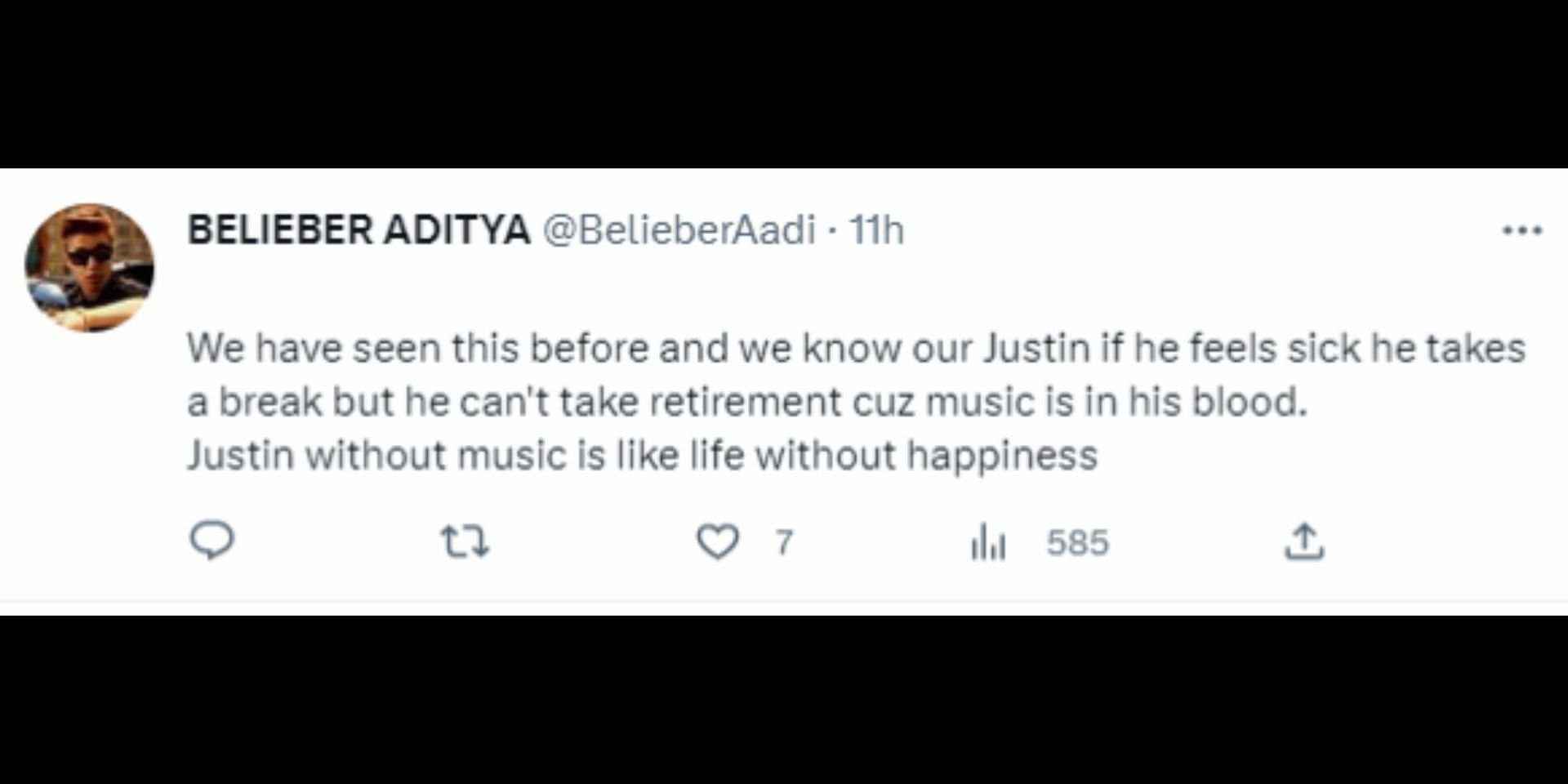 Fans react to Justin&#039;s retirement rumors (Image via Twitter/@BelieberAadi)