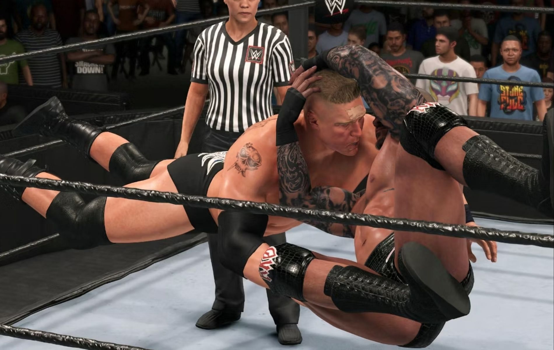 The Viper, Randy Orton delivers his finishing move, the RKO, through the Irish Ropes (Image via 2K Games)