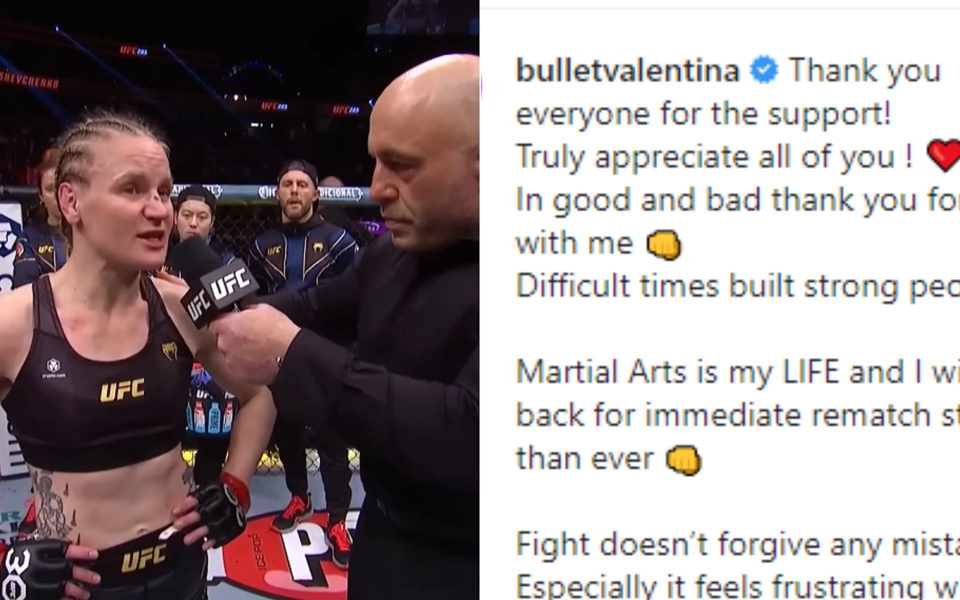 Valentina Shevchenko post-fight interview at UFC 285 (Left), and Shevchenko