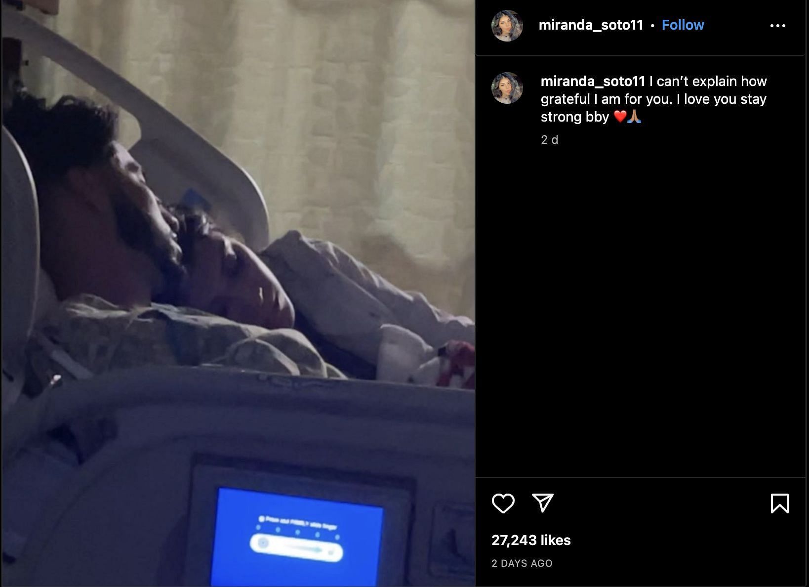 Miranda Soto uploaded a picture of her and her boyfriend lying in the hospital bed after the car crash. (Image via Miranduhh.Soto/ Instagram)