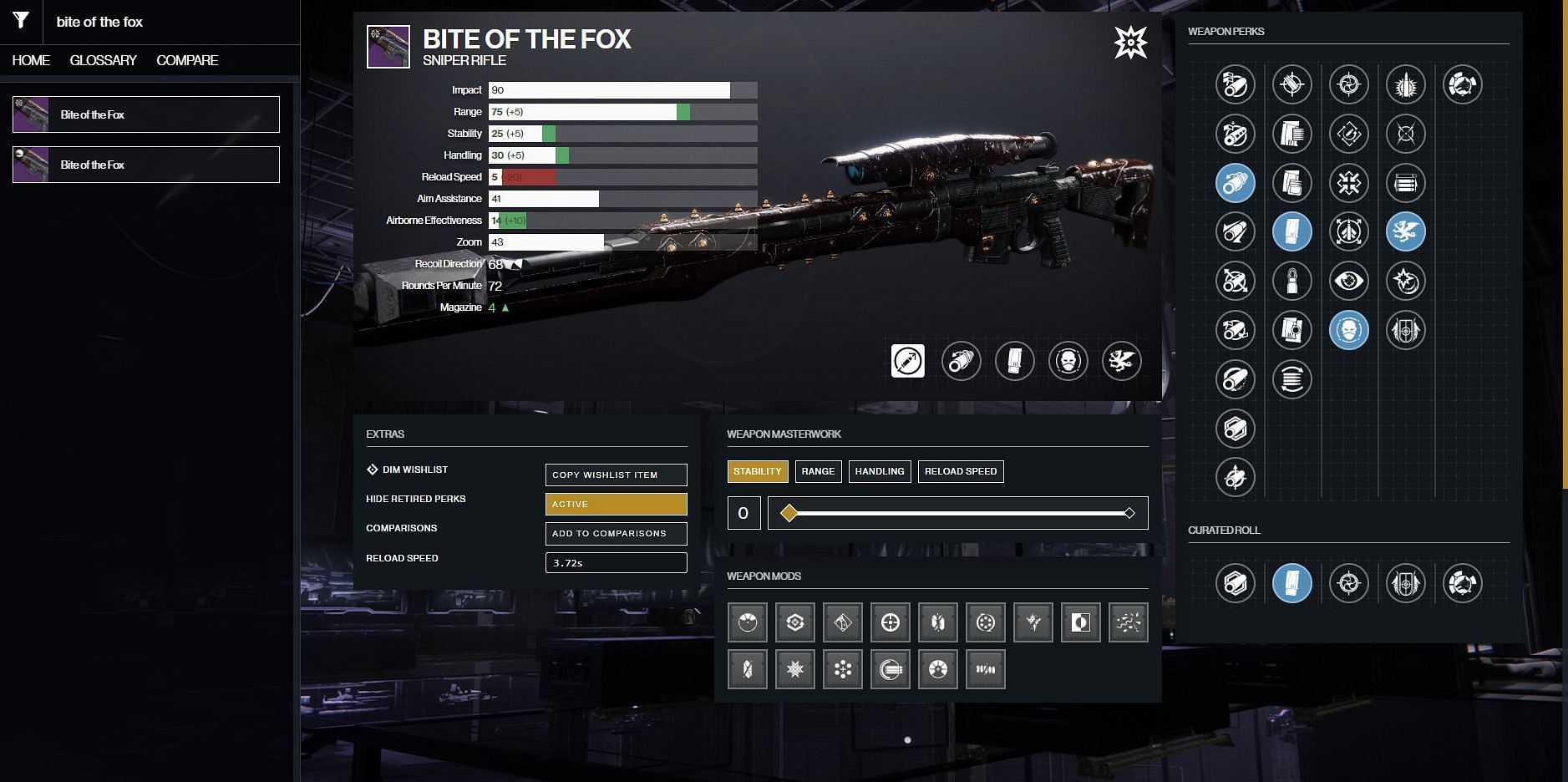 Bite of the Fox Sniper Rifle PvE god roll (Image via Destiny 2 Gunsmith)