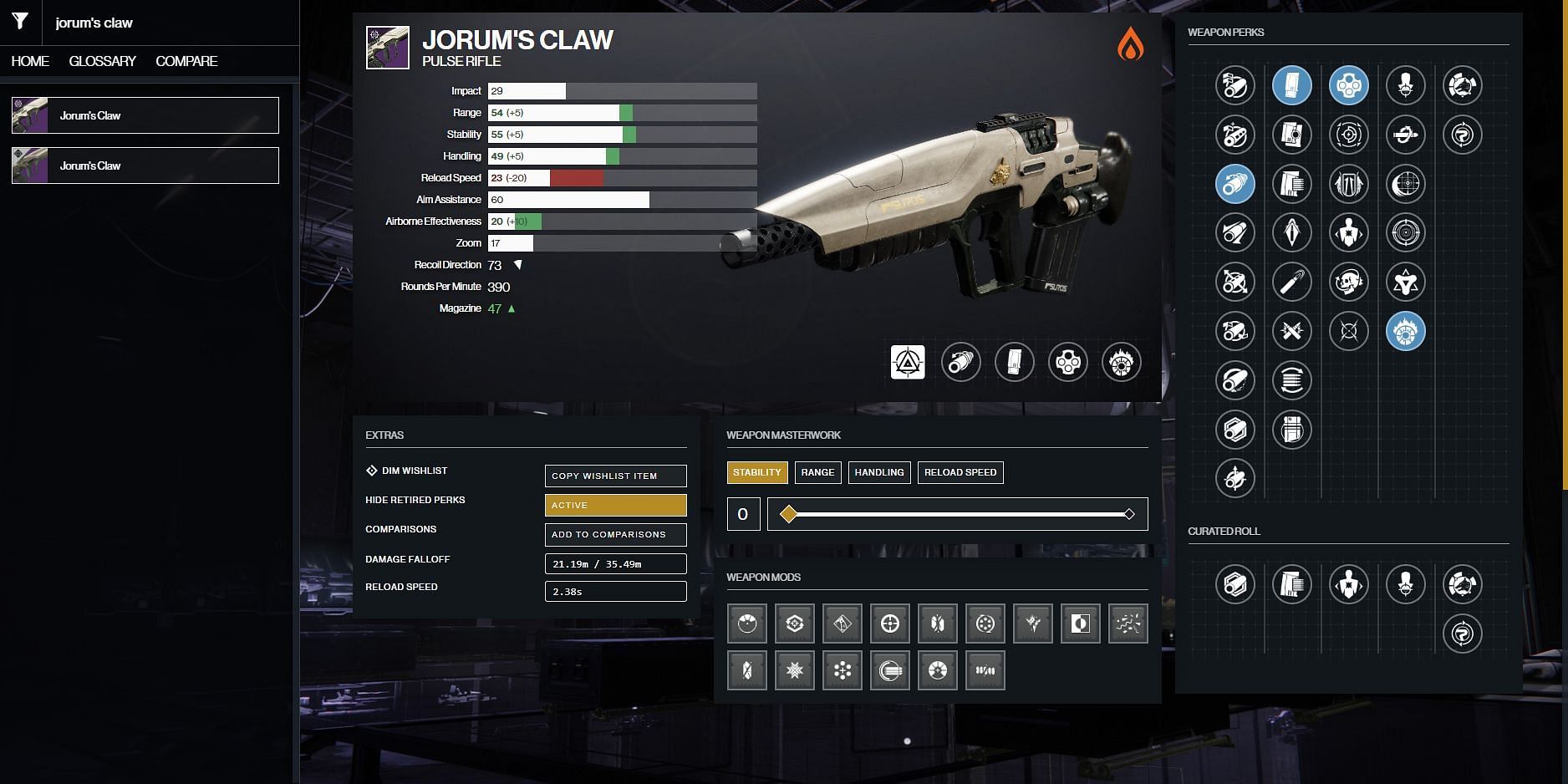 Jorum&#039;s Claw PvE god roll (Image via Destiny 2 Gunsmith)