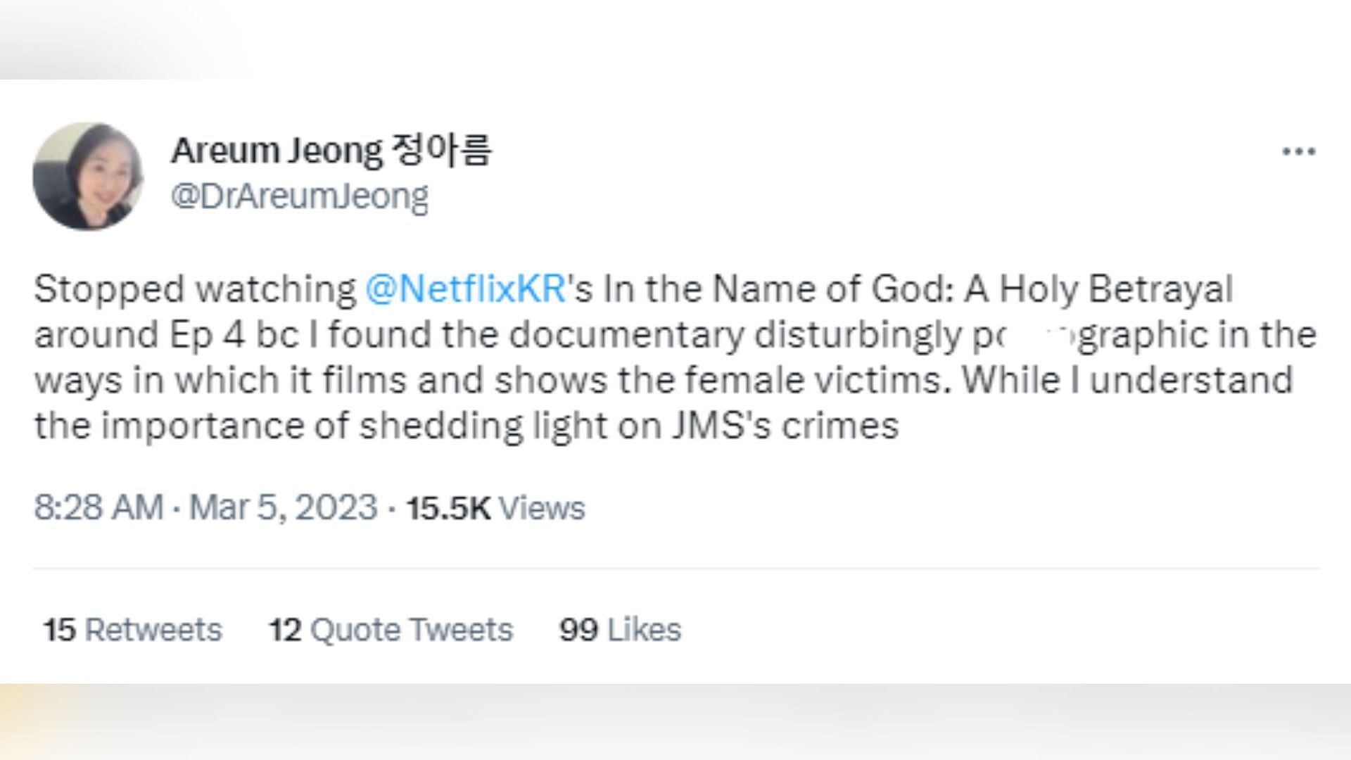 Twitter user @DrAreumJeong&#039;s comment on the docu-series (Image via Twitter)