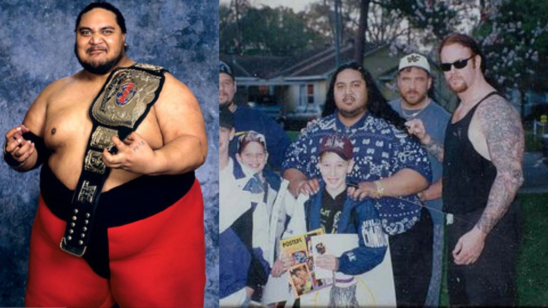 Yokozuna and Undertaker posing with a lucky family of fans