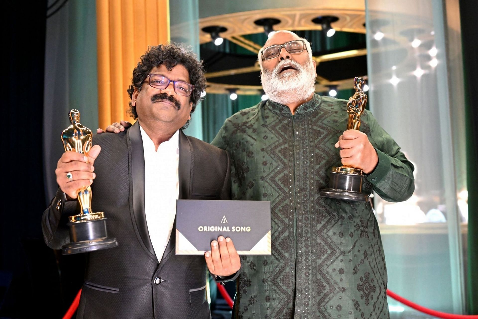 Chandrabose and M. M. Keeravani , the creators of Naatu Naatu, at the 95th Annual Academy Awards on March 12, 2023 in Hollywood, California.(Image via Getty Images)