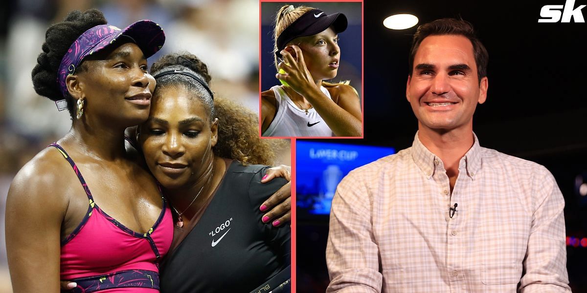 Venus and Serena Williams (L), Roger Federer (R) and Brenda Fruhvirtova (inset)