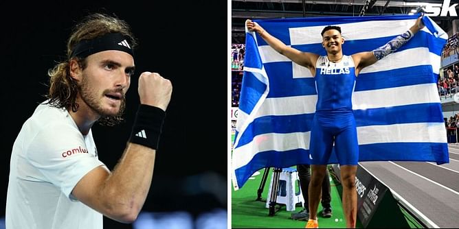 Stefanos Tsitsipas congratulates pole-vaulter Emmanouil Karalis on silver medal at European Athletics Indoor Championships