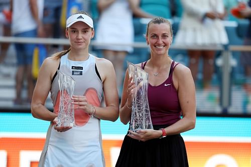 Petra Kvitova and Elena Rybakina with their respective trophies in Miami