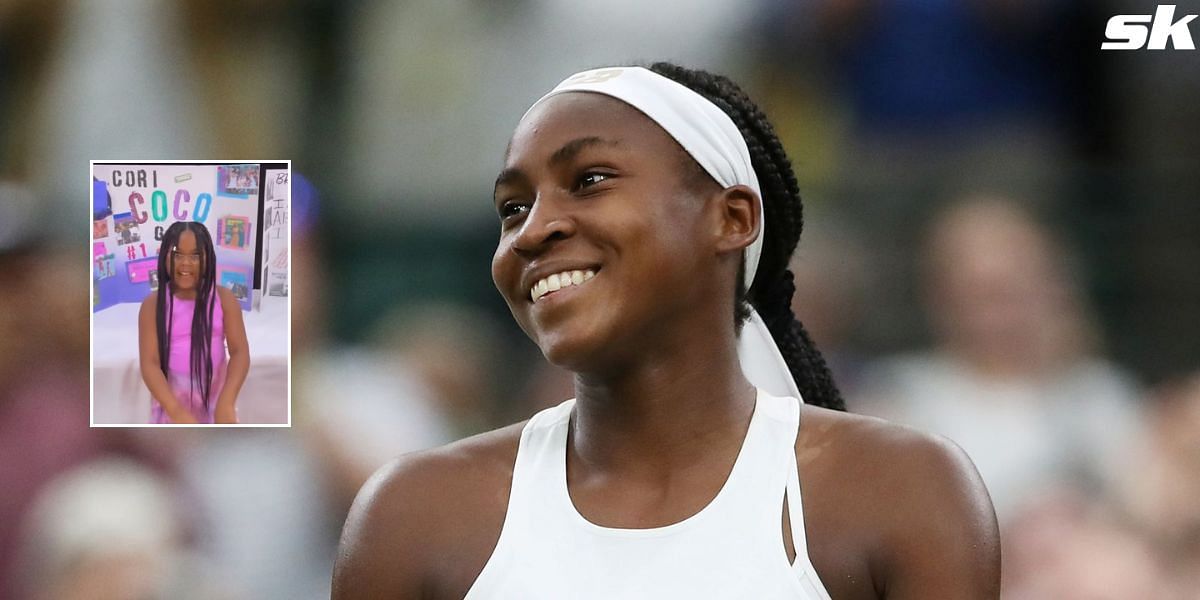 A young girl emulates Coco Gauff during her project (inset)