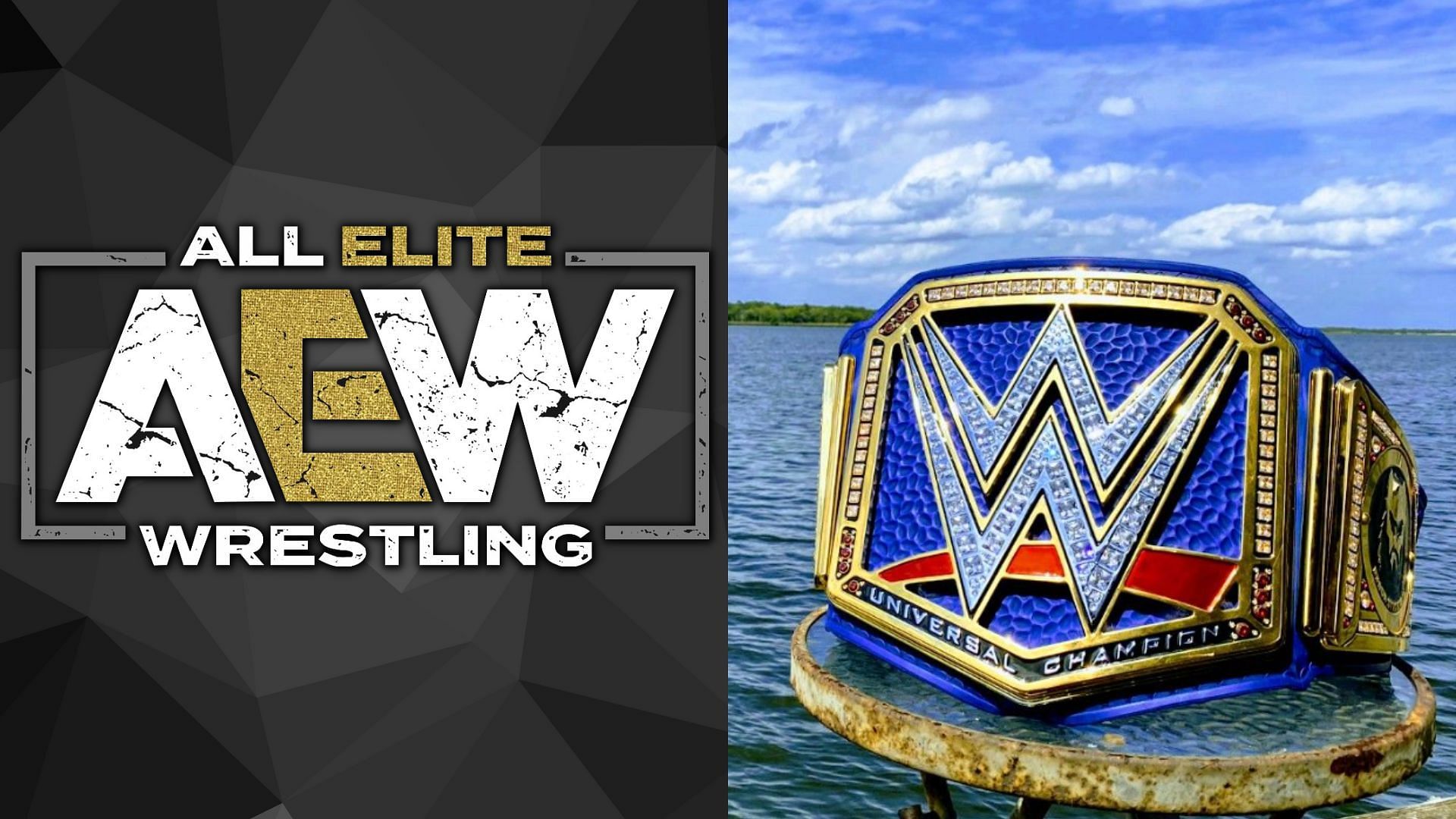 AEW logo (left), WWE Universal Championship (right)