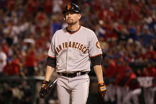 Aubrey Huff in the 2010 MLB World Series against the Texas Rangers in Arlington, Texas. (Photo by Elsa/Getty Images)