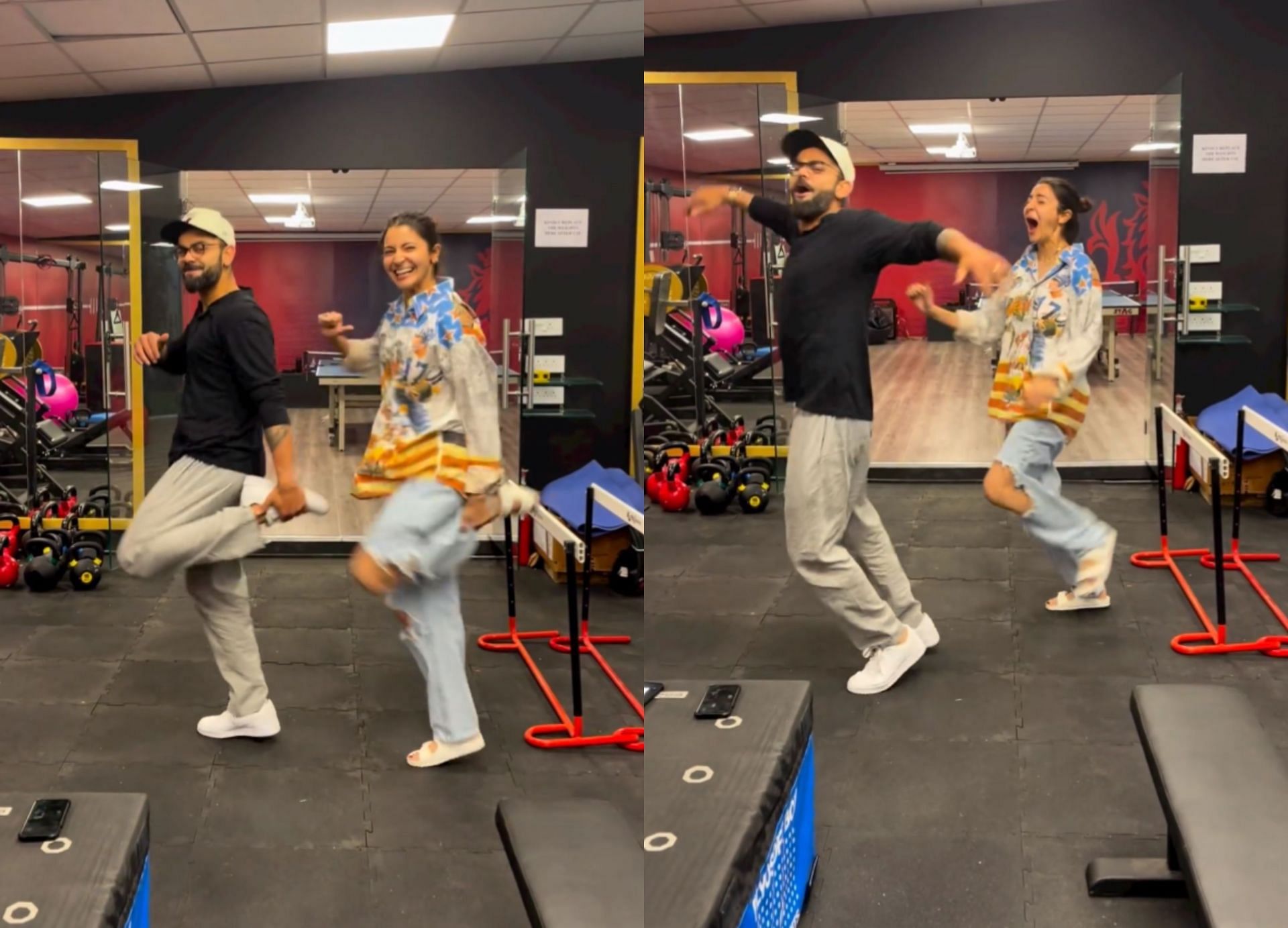Virat Kohli and Anushka Sharma showing off their dance moves in a gym. 