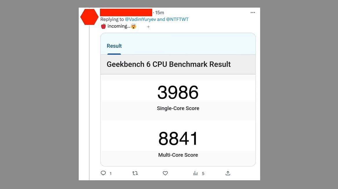 Rumored Geekbench 6 scores of the A17 bionic (Image via Twitter @VadimYuryev)