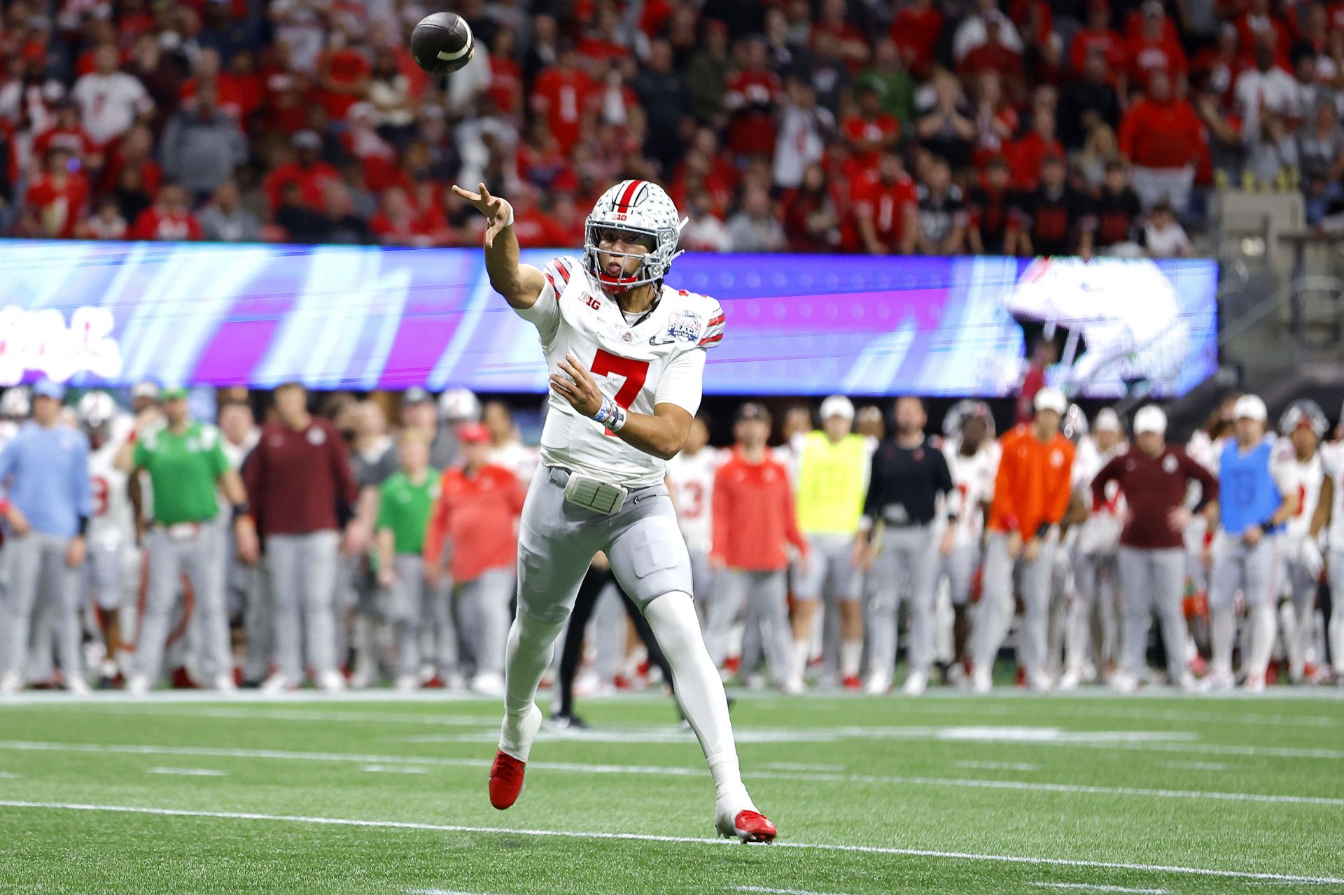  C.J. Stroud #7 of the Ohio State Buckeyes throws a pass during the first half against the Georgia Bulldogs