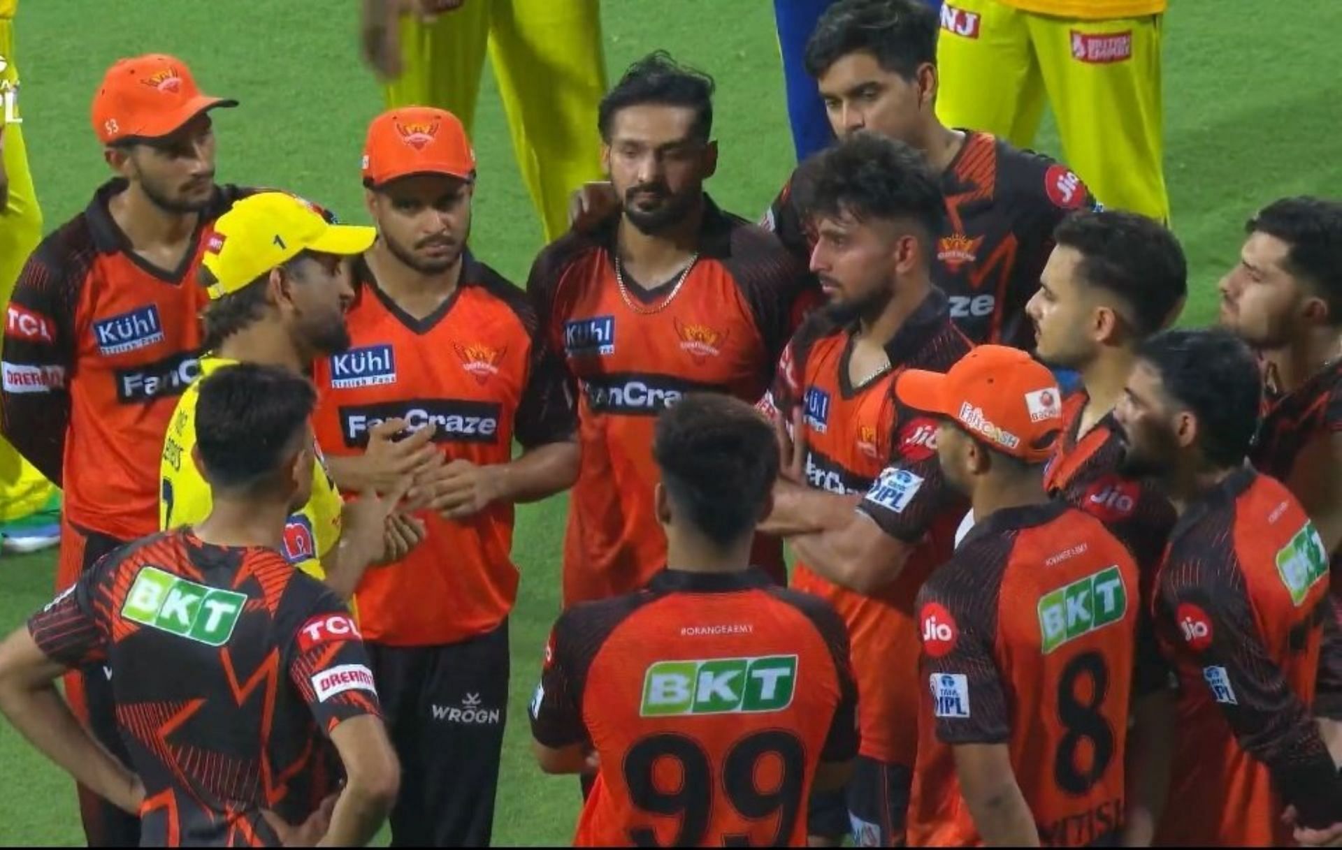MS Dhoni with SRH players after the match on Friday night. 